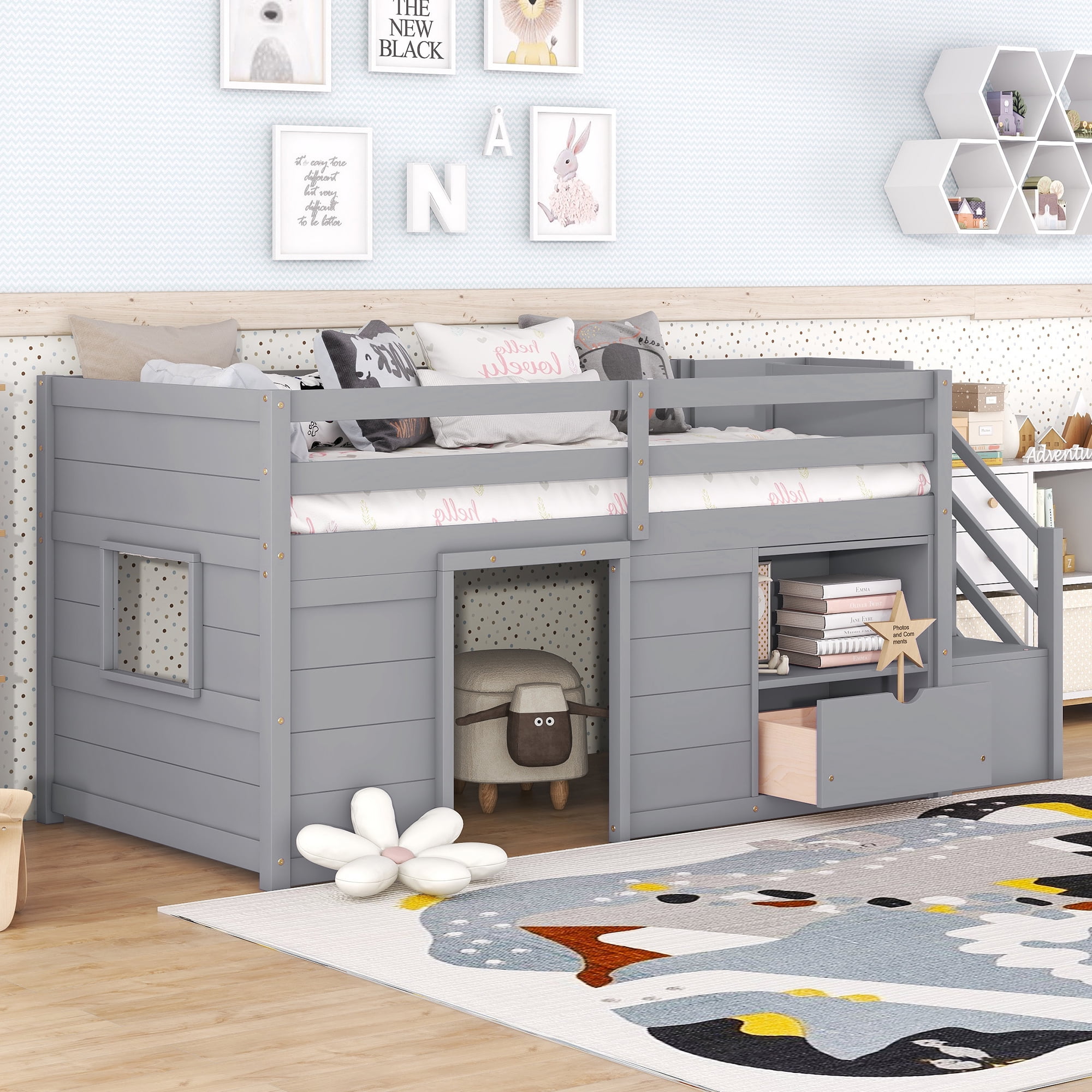 Leumius Twin Size Loft Bed with Storage Stairs and Storage Drawers,Solid Wood Bed Frame with Large Under-Bed Space,Gray