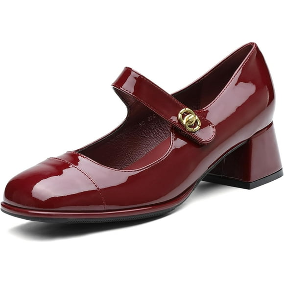 Women's Patent Leather Mary Janes - Glossy Square Toe Pumps with Chunky Heel & Buckle Strap, Retro Dress Shoes for Work & Formal Events