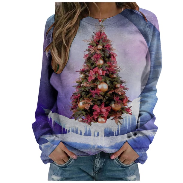Camisas navideñas para mujer, sudadera ligera con cuello redondo de manga larga estampada, camisetas cómodas gráficas Fridja FKASFK1145
