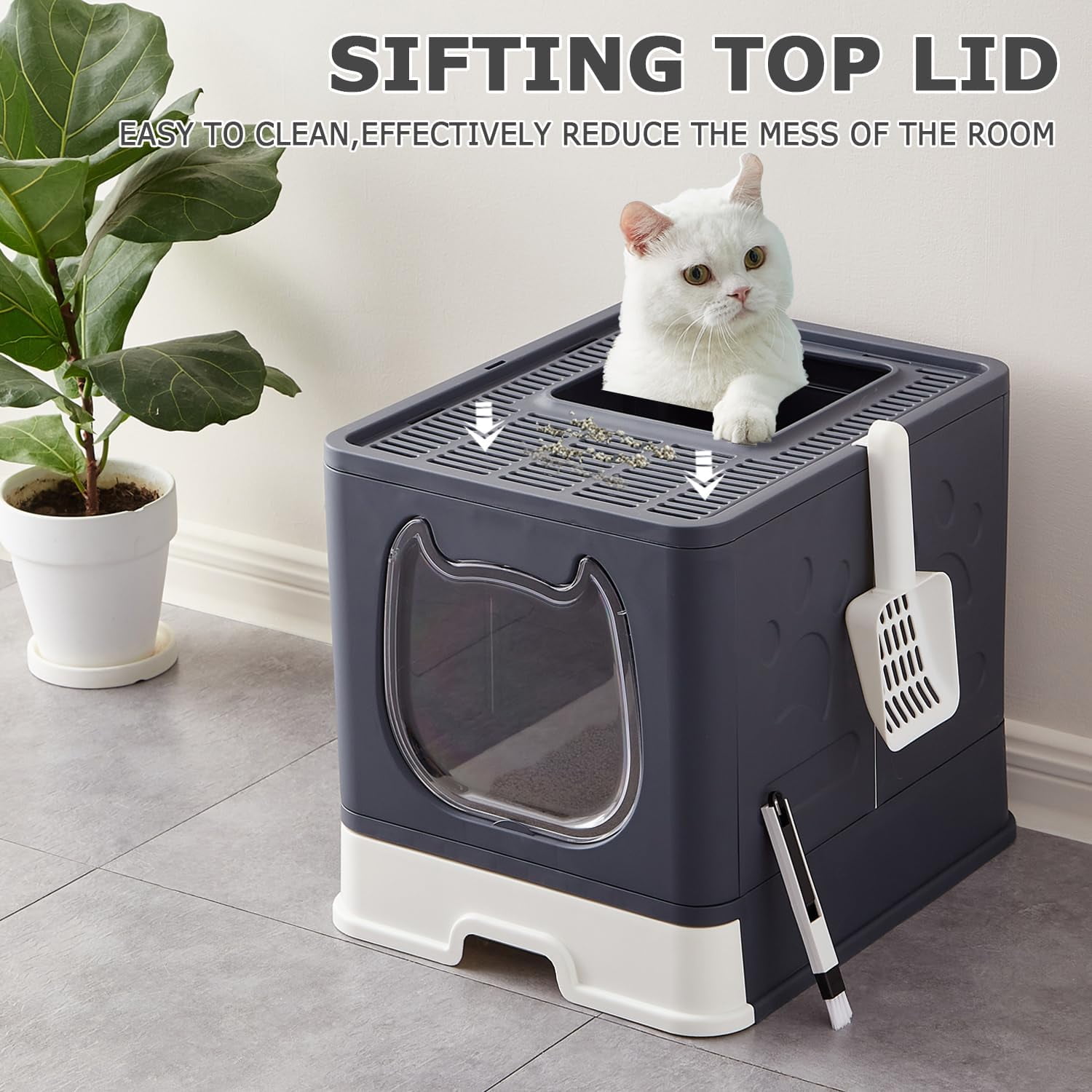 Cat Litter Box with Lid, Foldable Enclosed Covered Top Entry Kitten Litter Boxes for Growing Cats, Drawer Type Kitty Toilet with in/Out Front Door