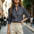 thumbnail image 6 of VBVC Women's Linen Stand Collar V Neck Blouse, Ladies' Long Sleeve Work Shirt, Elegant Office Top For Women, Dark Gray , S-2XL, 6 of 8