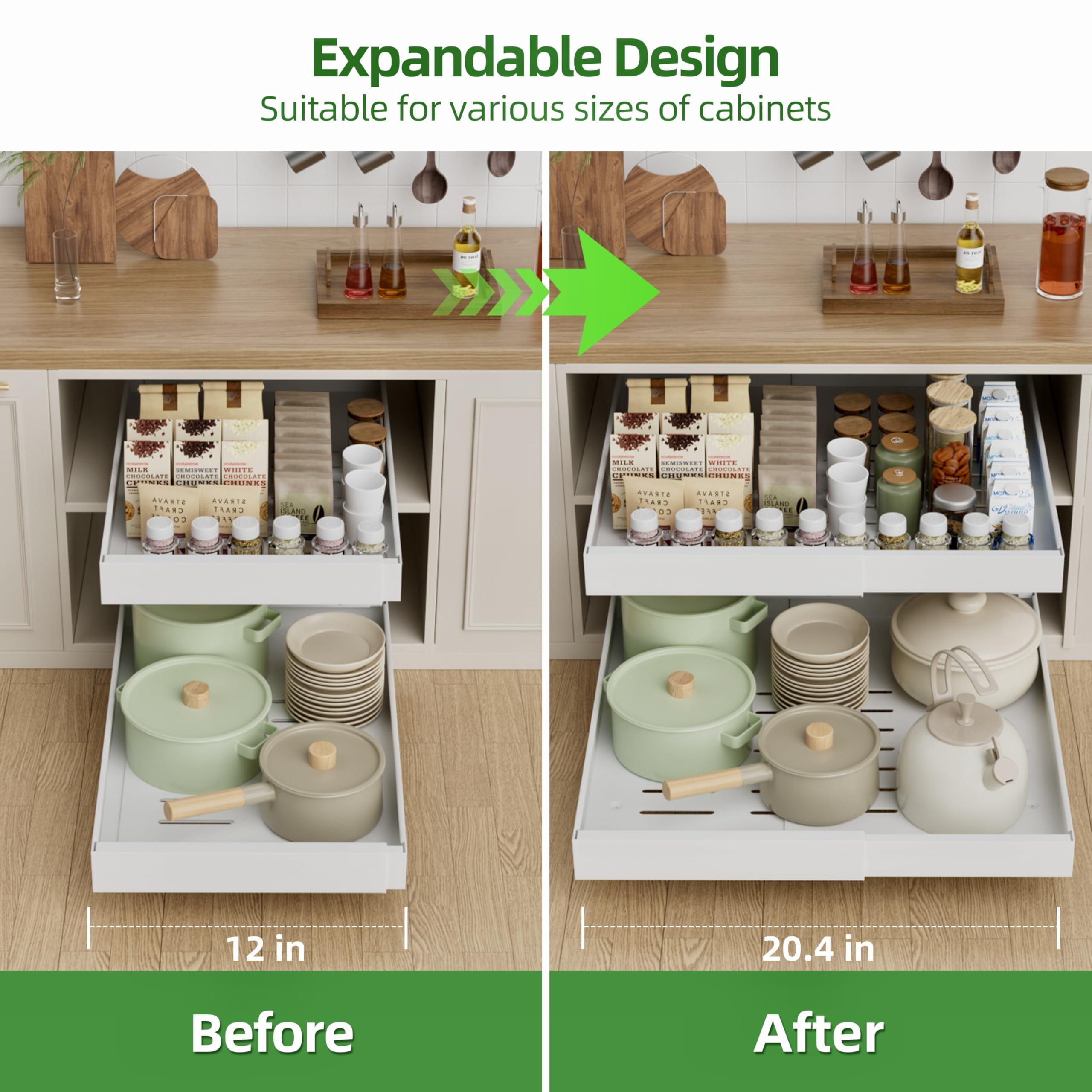 Gimgong Expandable Pull Out Cabinet Organizer with 3 Slide Rails, Sliding Drawers for Cabinet, White, 21"D x 12"-20"W