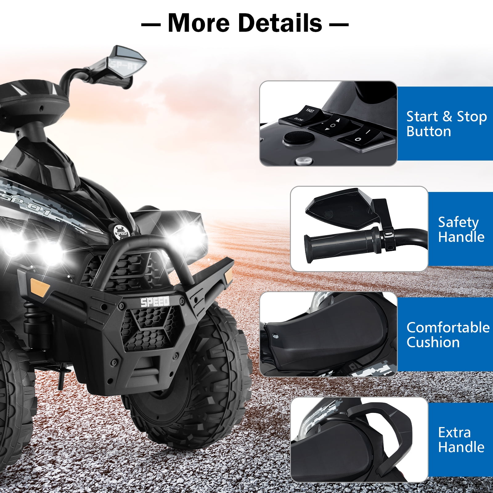 OLAKIDS Kids Ride on ATV, 12V 4-Wheeler Quad Toy Vehicle with Music, Horn, High Low Speeds, LED Lights, Electric Ride On Toy, Battery Powered Wheels Car for Kids Over 3 Years Old