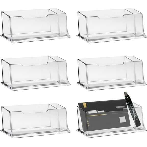 6 Pack Acrylic Business Card Holder Desk, Clear Horizontal Business Card Holders with Pen Slot, Desktop Name Cards Organizer Stand for Men Women Office Reception Exhibition