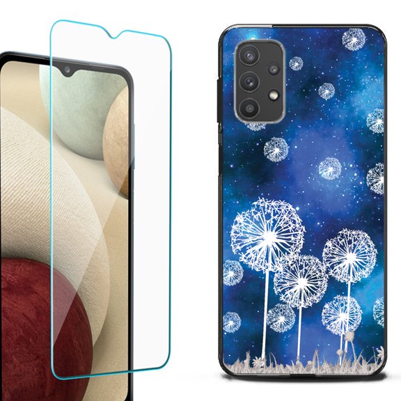 Slim-Fit Flexible TPU Gel Phone Case (black) for Samsung Galaxy A32 5G, with Tempered Glass Screen Protector, by OneToughShield ® - Dandelion Stars