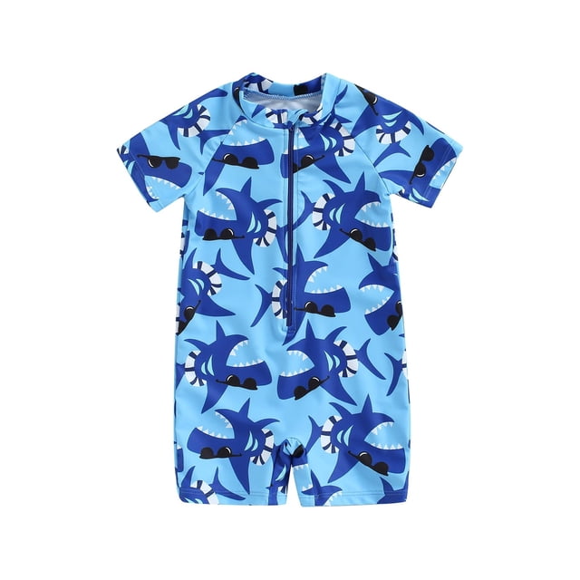 Faithtur Traje de baño de una pieza para niños pequeños, traje de baño de verano de manga corta con protección solar de animales de dibujos animados,Blue,4-5 Years