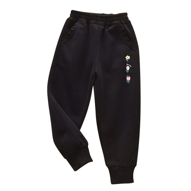 Odeerbi 2-12 Años Niñas Pantalones de Algodón Floral Bordado Entrenamiento Deportes Jogger Pantalones Casual Cintura Elástica Joggers Con Bolsillos