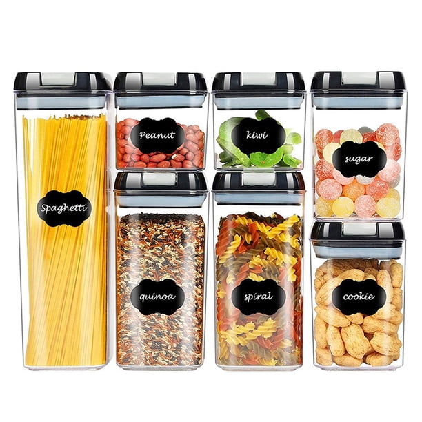 Juego de 7 recipientes para almacenar alimentos, de plástico transparente, para cereales y harina, con tapas fáciles de cerrar, para organizar y almacenar alimentos en la despensa de la cocina.