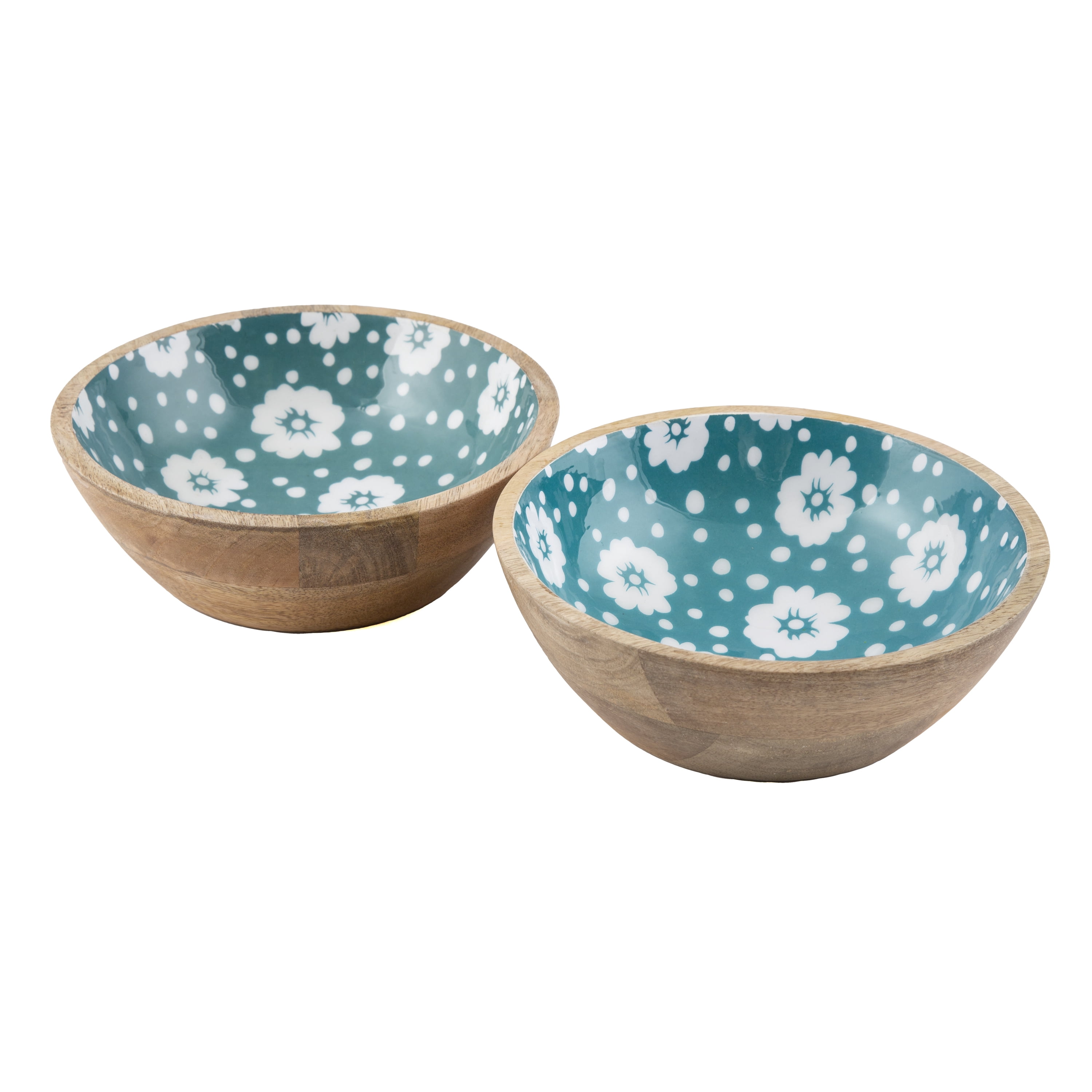 7” Teal Polka Dots Wood/Enamel Salad Bowl, set of 2