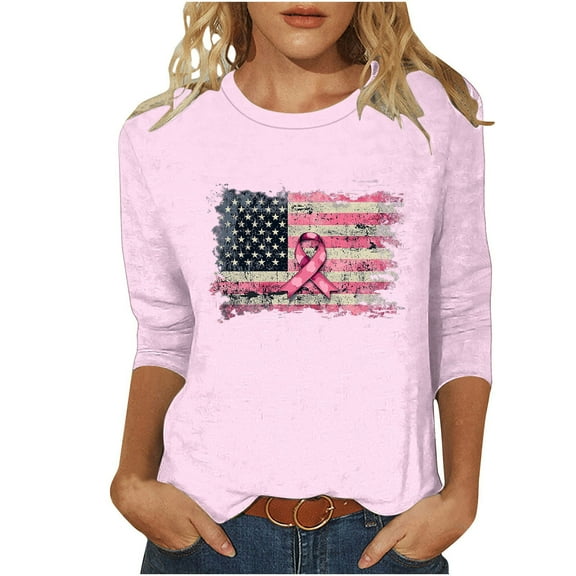 Nfurl Plus Size Breast Cancer Awareness Shirts for Women Flag Pink Ribbon Graphic Tees Loose Fit 3/4 Sleeve Crewneck Tee Tops Pink XL