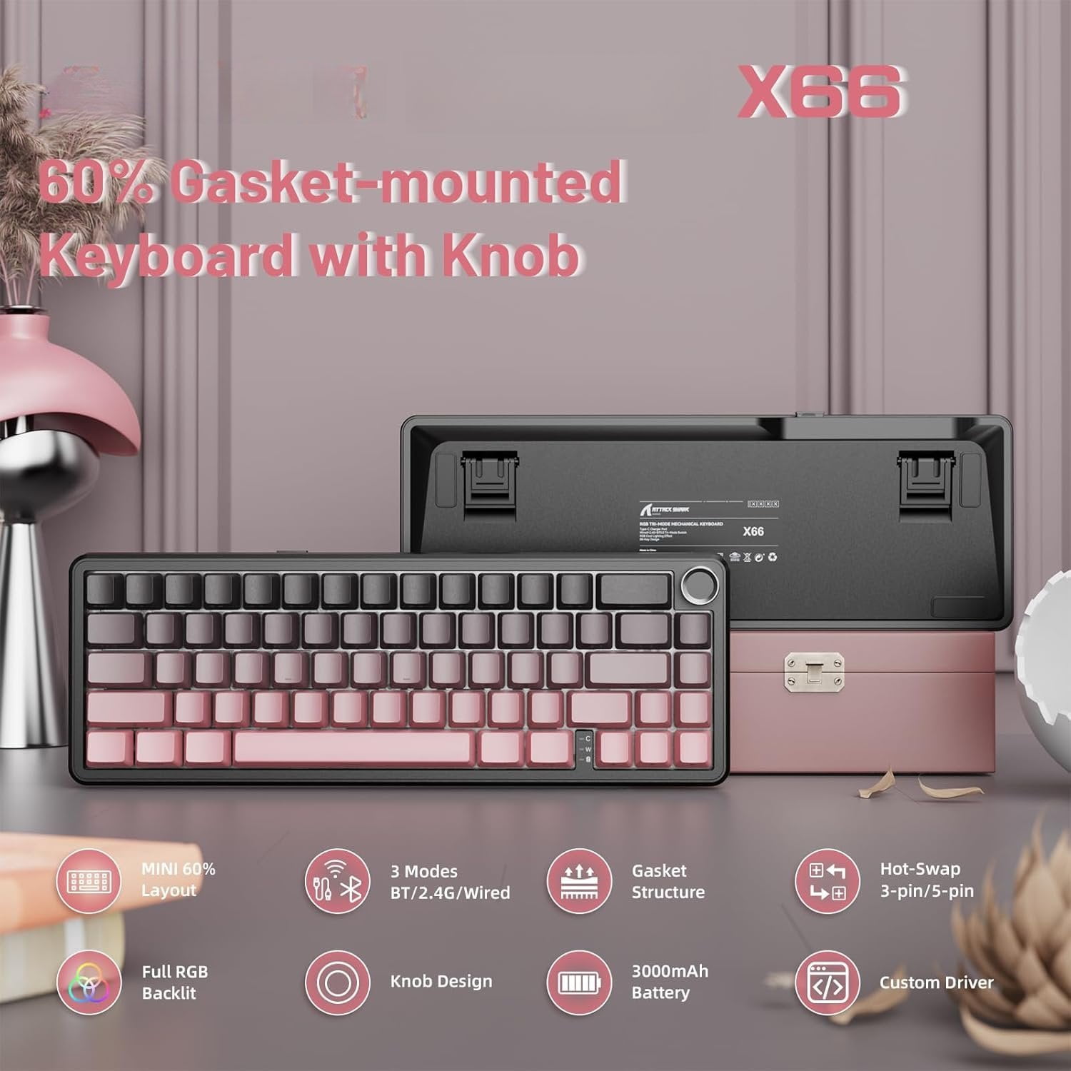 X66 60% Mechanical Gaming Keyboard with Knob,Gasket Hot Swappable Custom Keyboard,Side Printed PBT Keycaps,Tri Mode USB-C/BT5.0/2.4G RGB Keyboard with Coiled - BlackBerry