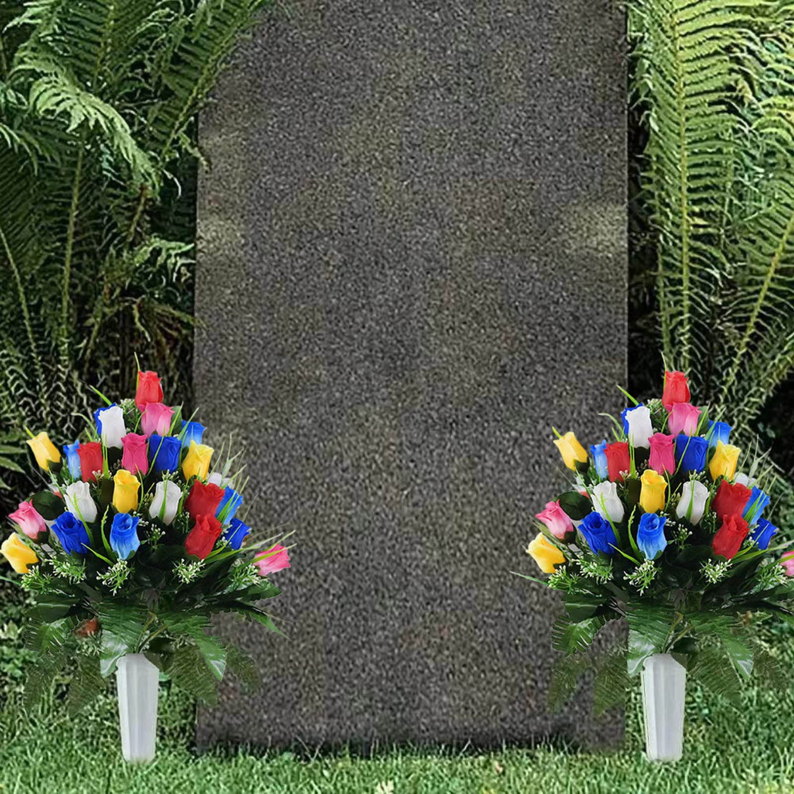 Artificial Memorial Flowers for Cemetery - 19" Silk Rose Bouquet Grave Decor - Weather-Resistant Floral Arrangement for Headstones, Graveyards & Outdoor Memorials (Set of 2)