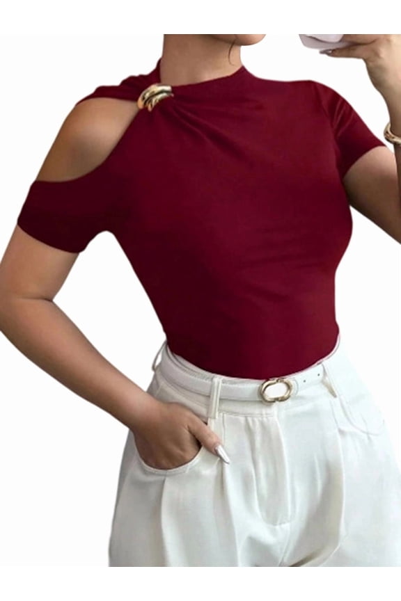 Women'S Sleeveless Asymmetric Neck Tank Tops Elegant Metal Decor Ribbed Fitted Slim Cute Vest Wine Red XXL