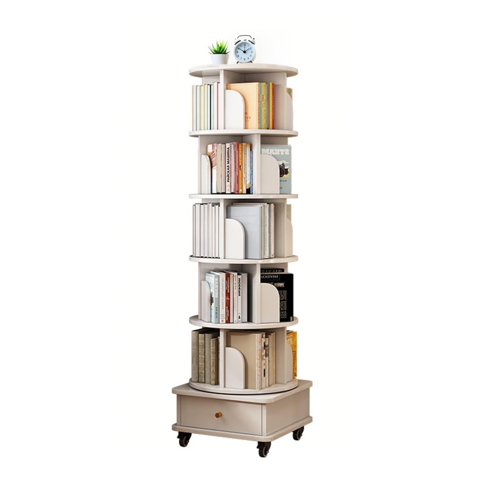 Miniyam 360° Rotating Bookshelf with Storage Drawer & Universal Wheels – Space-Saving Organizer, White