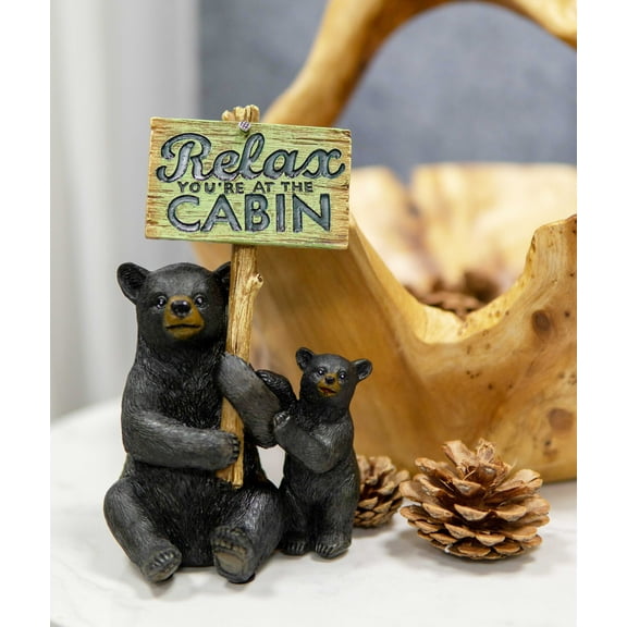 Ebros Rustic Black Bear With Cub Holding Sign Relax You're At The Cabin Statue