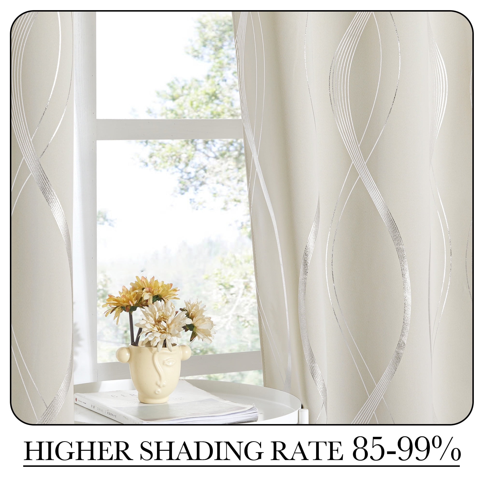 NICETOWN Curtains for Bedroom Thermal Insulated Solid Grommet Top Foil Printed Wave Lines Blackout Panels for Living Room, 42x48 inches, Beige, 2 Panels