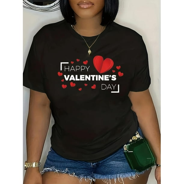 Camiseta de San Valentín en talla grande para mujer. Cuello redondo informal con estampado de corazones y letras. 100 % algodón suave. Lavable a máquina. Para adultos, hombres, mujeres, adolescentes y