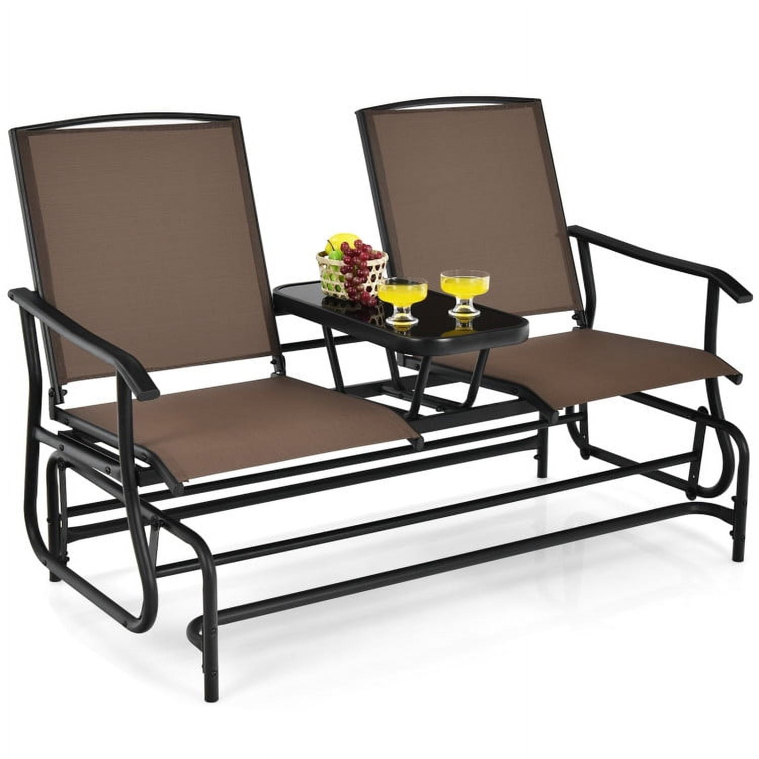 Aimee Lii Outdoor Patio Furniture Set, 2-Person Double Rocking Loveseat with Mesh Fabric and Center Tempered Glass Table, Brown