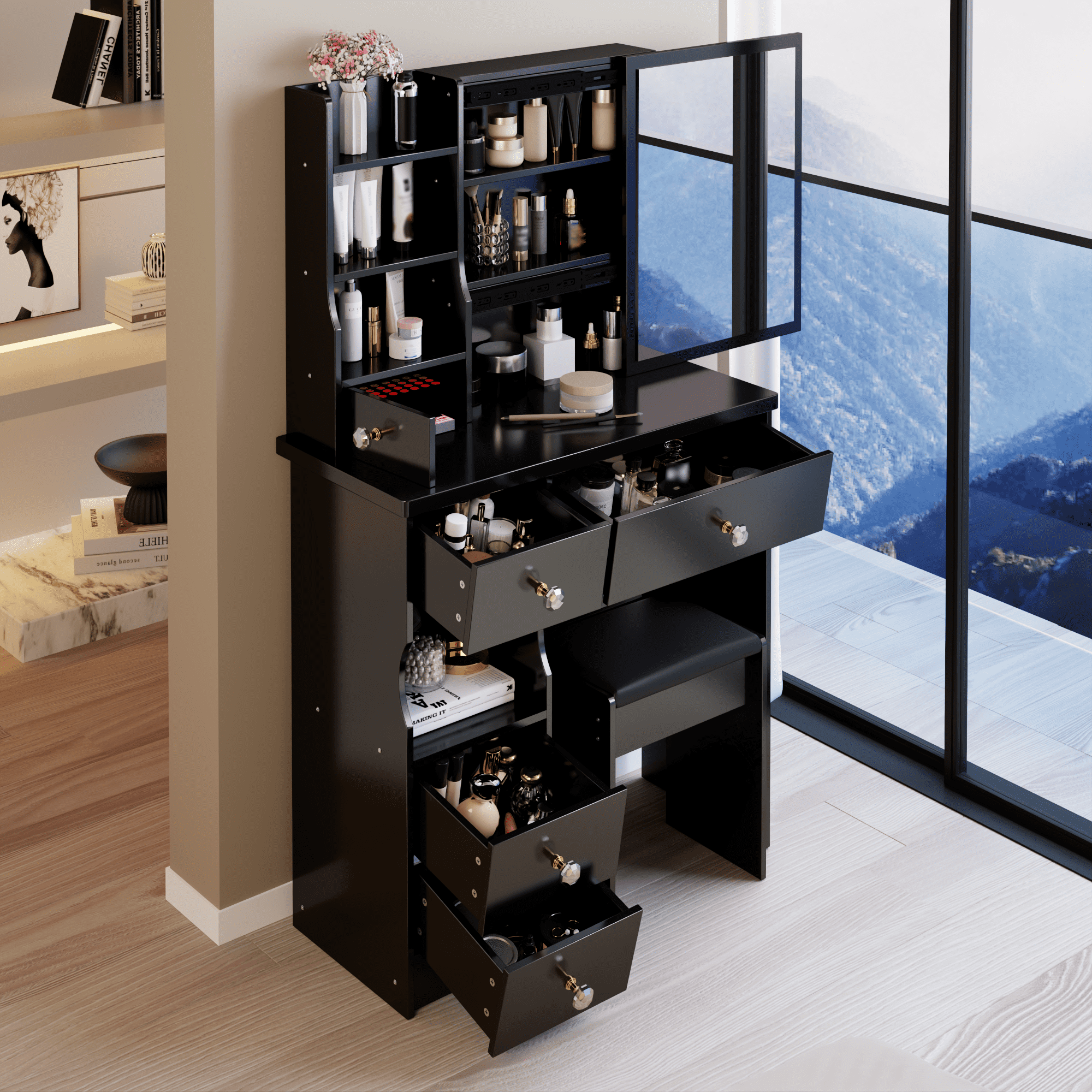 Kadyn Vanity Desk with 5 Drawers, Makeup Vanity Table with Extra Large Right Sliding Mirror, Dressing Table Makeup Desk for Small Space, Black