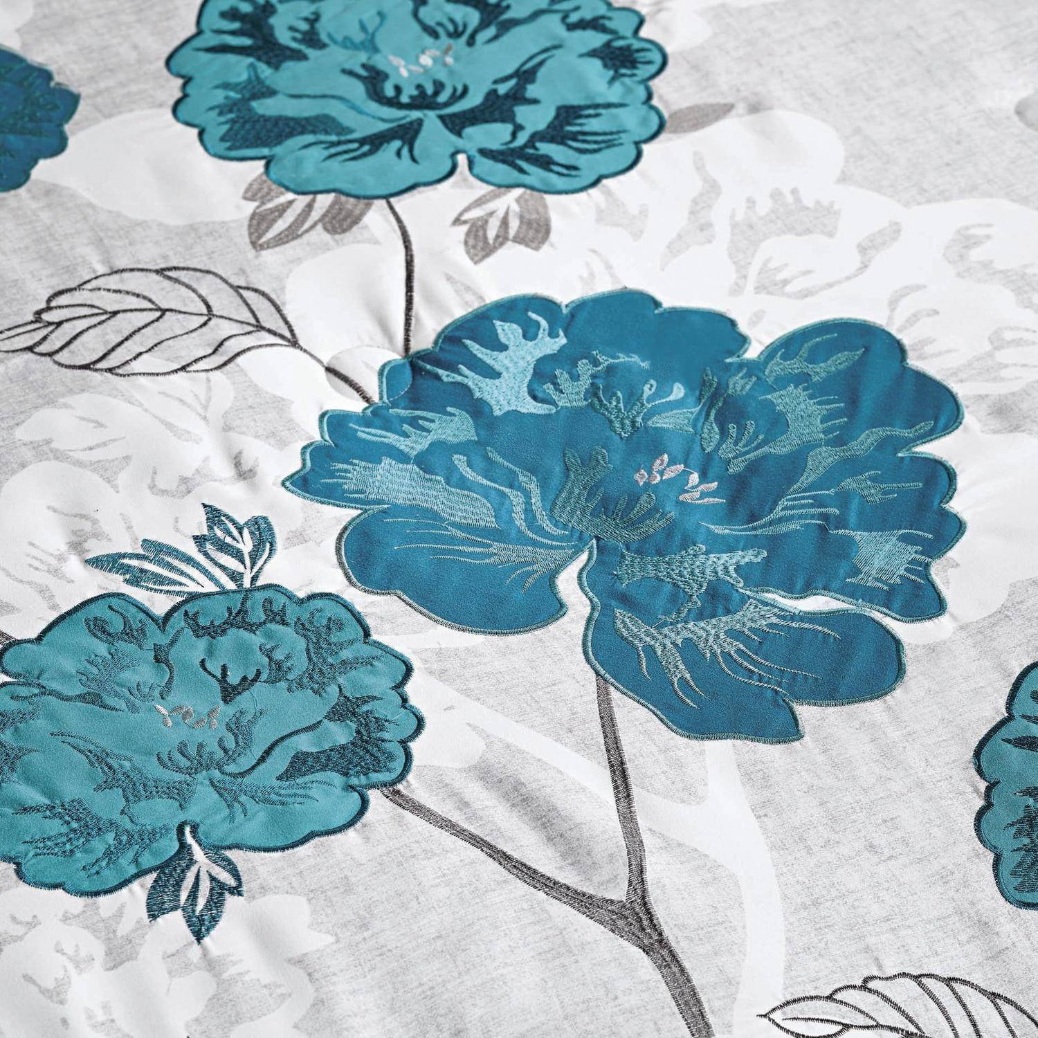 Blooming Teal Roses Comforter Set King Size 7Piece Blue Floral Print