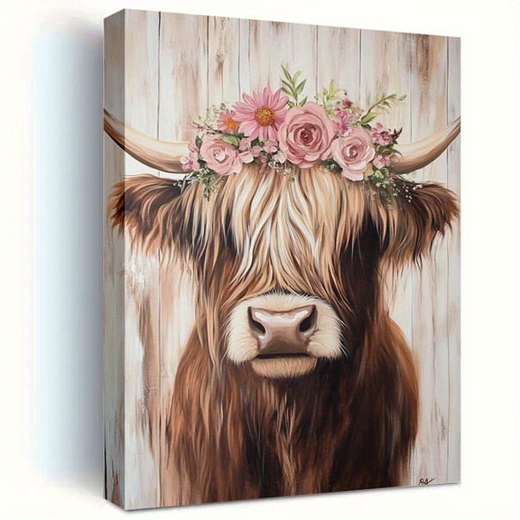 Highland Cow With Floral Wreath- Canvas Wall Art | Rustic & Modern Aesthetic Decor For Living Room, Bedroom, Home Office, Bathroom