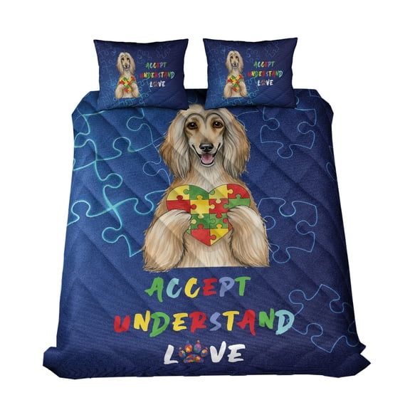 Autism Awareness Afghan Hound Accept Understand Love Quilt Bedding Set Dog Lover 1 Blanket Bed Cover 2 Pillowcases - 12003