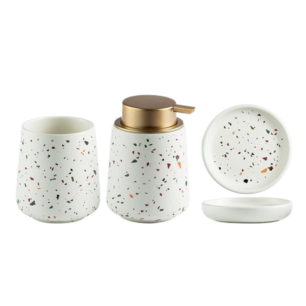 Dispensador de jabón de cerámica for baño de 3 piezas con bomba, taza for enjuague bucal y jabonera.