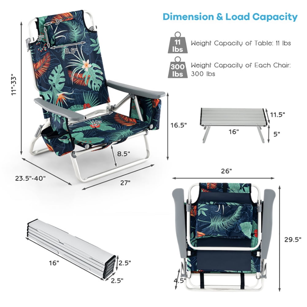 Aimee Lii 2 Packs 5-Position Outdoor Folding Backpack Beach Table Chair Reclining Chair Set, Outdoor Patio Furniture, Green