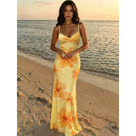 Yellow Hibiscus Floral Print Spaghetti Strap Bodycon Maxi Dress For Women Spring Summer