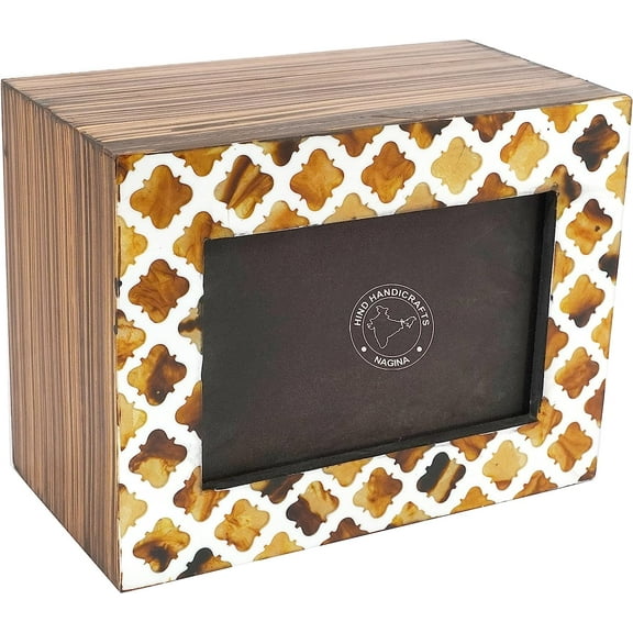 HardWood Border Crafted Wooden Cremation Urns for Human Ashes Adult - Handcrafted Photo Funeral Memorial Ashes Urn - Columbarium Urn (250 Cubic Inches, Horn Bone Frame)
