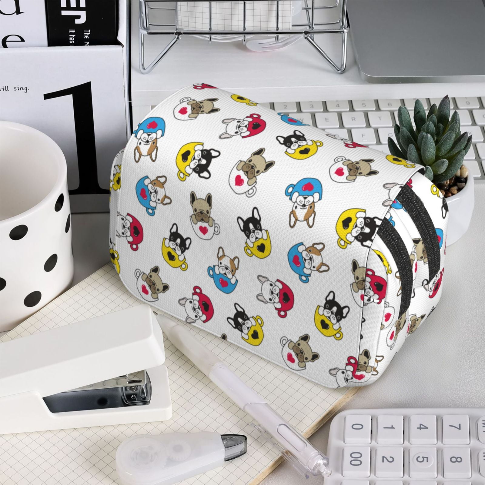 Rateoe French Bulldog With Coffee Cup Pattern Double Clamshell Pen Case, Storage Organizer with Two Zipper Compartments– Holds Up to 50 Pencils & Pens