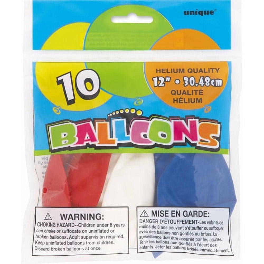 Unique Industries Patriotic Latex 12" Multi-color Solid Print Fourth of July Balloons, 10 Count - image 2 of 2
