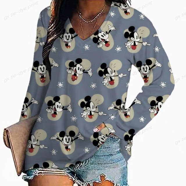 Women Vintage floral print V-Neck T-Shirt Fashion Casual Women Disney Mickey Mouse Print Long Sleeves Loose Tee Shirt Women TXXXL Gao Jinjia LED