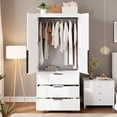 thumbnail image 5 of Home Armoire Wardrobe Closet, 69.5" Wooden Wardrobe Cabinet with 3 Drawers, Hanging Rod, 2 Doors Clothing Storage Cabinet for Bedroom, Large Capacity Storage, Rattan Door, 5 of 8
