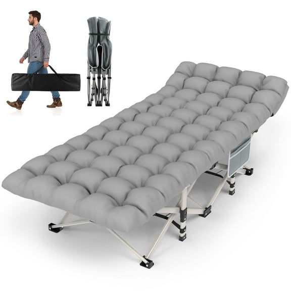 ZENPETIO 28" XL Outdoor Folding Camping Cot for Adults Max Load 500lbs Porable Sleeping Bed w/ Mattress and Carry Bag for Camping Office Nap Travel Gray Cot Gray Pad