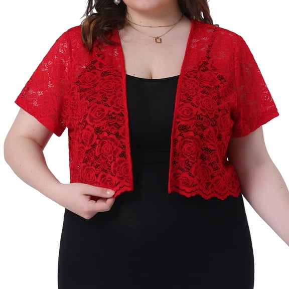 DARING DIVA Plus Size Bolero Short Sleeve Lace Shrug Cardigan 1X Red