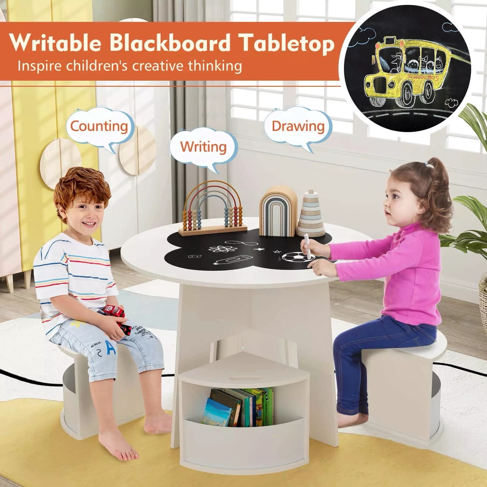 Auranook 5 PCS Kids Table and Chair Set with Writable Blackboard Desktop Toddler Table