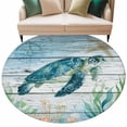 thumbnail image 2 of Ocean Turtle Round Living Room Rugs 8 ft, Coral Starfish Vintage Wood Texture Washable Large Area Rug with Non-Slip Sturdy Edge Binding Round Carpet for Dining Room Kitchen Office, 2 of 9