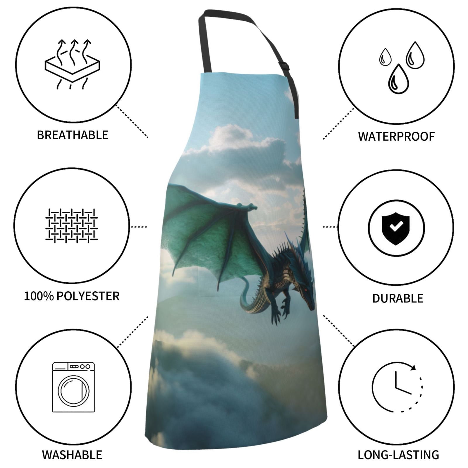 Kdxio Cloud Sky Green Dragon Apron with Pockets Adjustable Kitchen Aprons for Men Women Waterproof Aprons for Cooking,Drawing,Crafting, Baking Household Cleaning