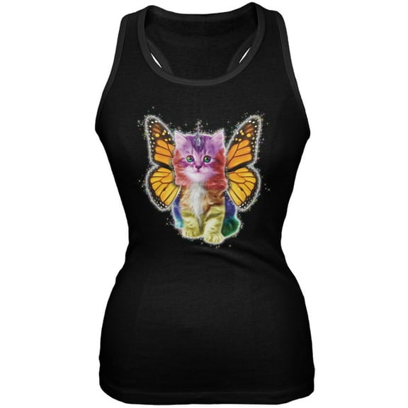 Rainbow Butterfly Unicorn Kitten Black Juniors Soft Tank Top - 2X-Large