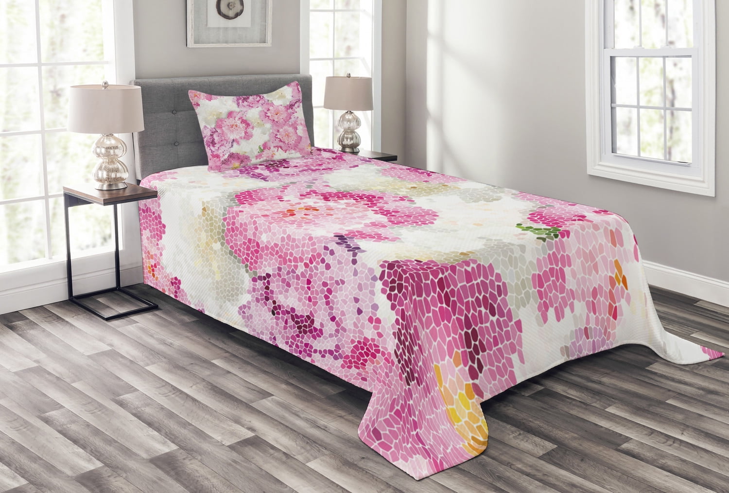 Nature Bedspread Set, Spring Themed Mosaic Texture Peony Flowers