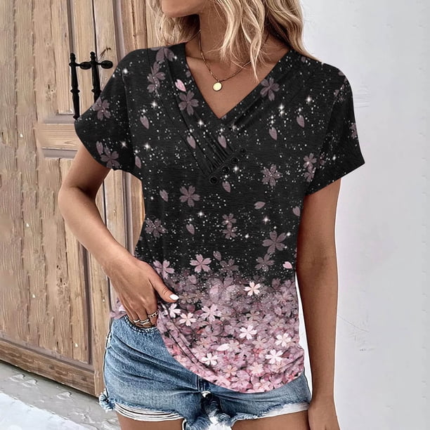 Fiudx Camisas de Mujer Top Informal de Primavera y Verano de Manga Corta con Cuello En V para Mujer