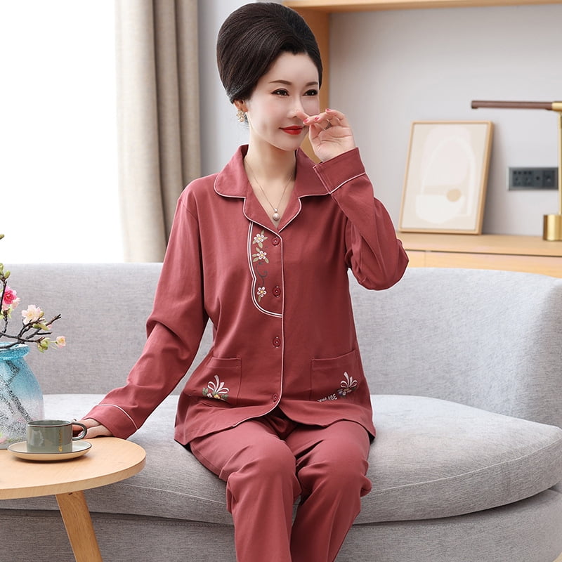 Redhotype Mature Women s Fashion Simple Ladies Pajamas Long Sleeve Pants Cotton Large Size Round Neck Home Clothes Two Pieces Other