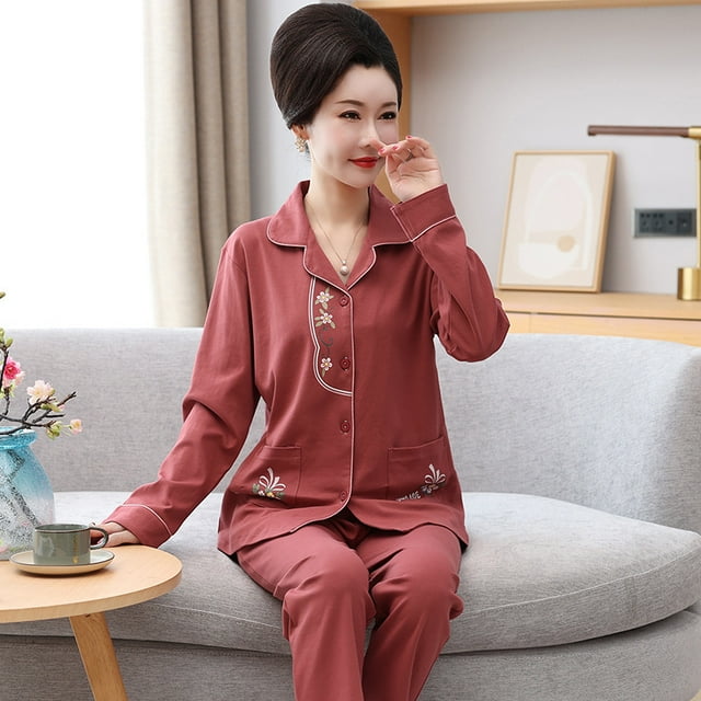 REDHOTYPE Pyjama Simple Mode Femme Manches Longues Pantalon Coton Grande Taille Col Rond Vêtements de Maison Deux Pièces
