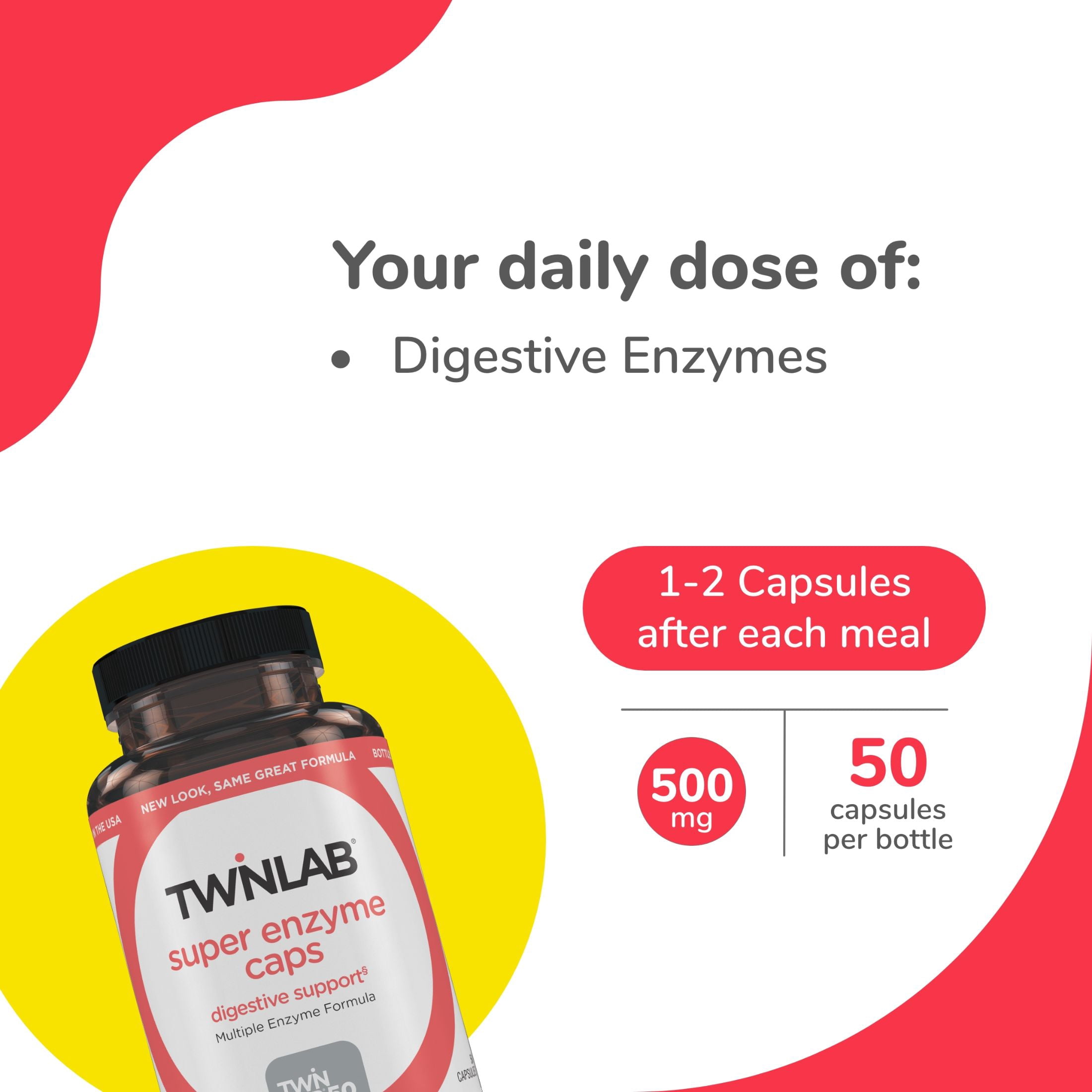 Twinlab Super Enzyme Caps - Digestive Enzymes with Pancreatin, Bromelain and Betaine HCL - Pancreatic Enzymes and Bromelain Supplement for Gut Health, Constipation and Gas Relief, 50 Caps (Pack of 4)