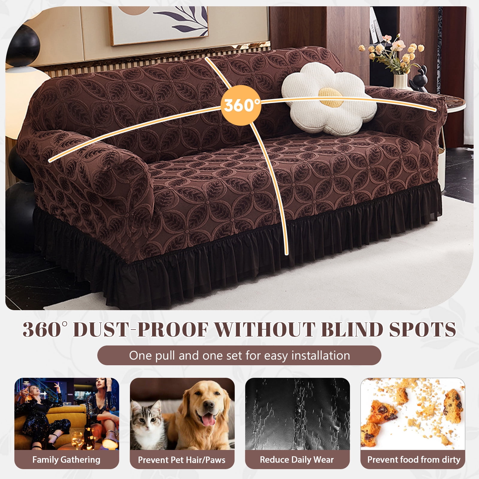 ANMINY Stretch Sofa Slipcover Cushion Couch Cover with Skirt Pet Friendly Durable Washable Stretchable 3-Seater (75"-90")