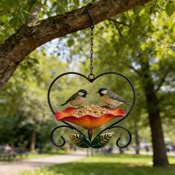 Heart-Shaped Bird Feeder, Wrought Iron Platform Stake With Hanging Tray For Outside Garden & Patio Decoration(RL Red)