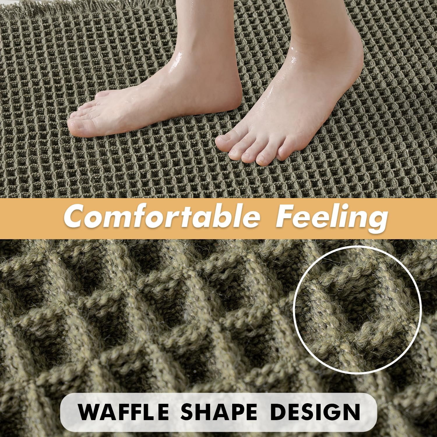 Set of 2 Waffle Bathroom Rugs, Boho Bath Rugs Non Slip Washable, Super Absorbent Bath Mats, Ultra Soft Rubber Backed Shower Mats for Bathroom Floor, Tub and Shower, Brown, 18x30 Inch
