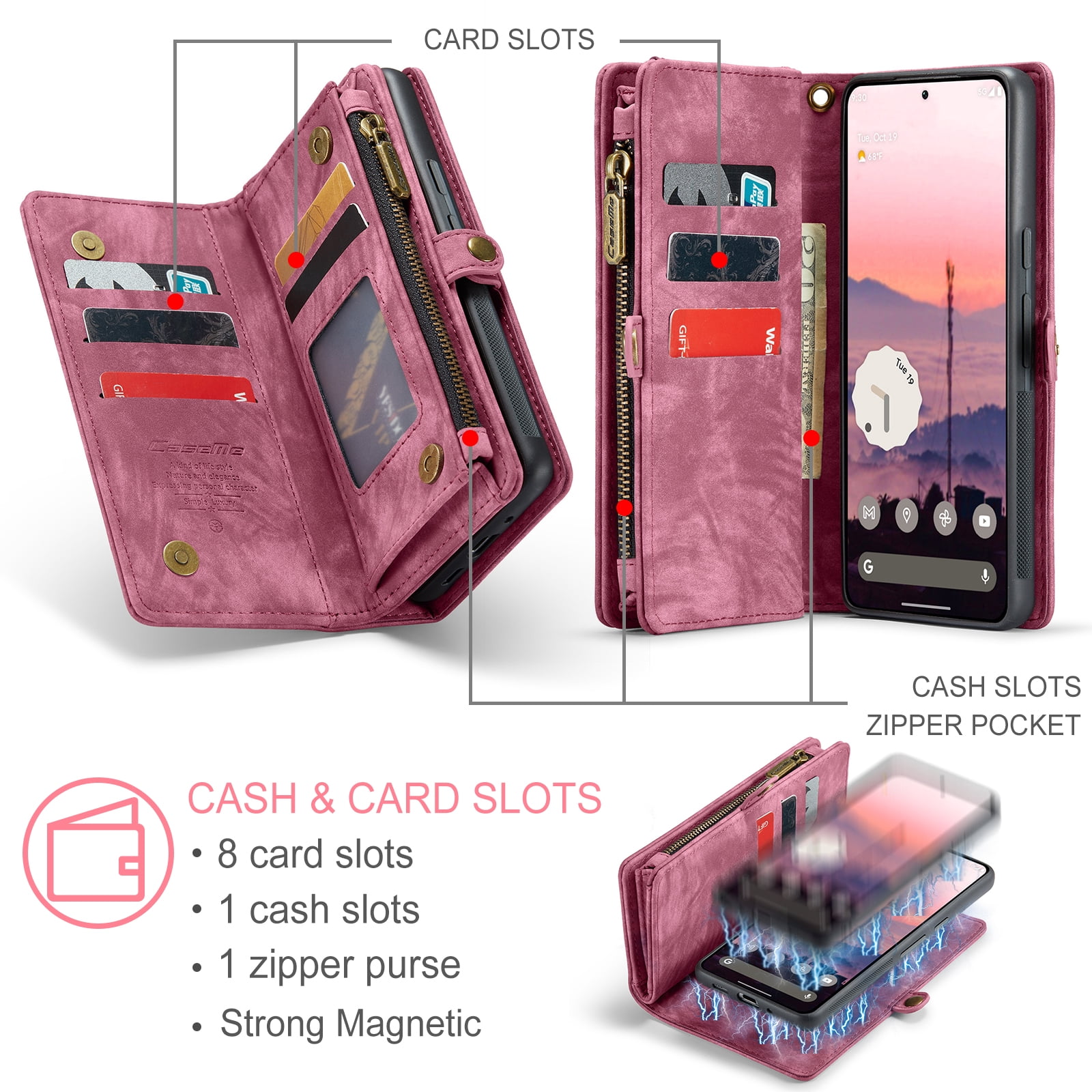 Feishell Durable 2- In-1 Magnetic Detachable Wallet Case for iPhone 16,for Women Men,Premium PU Leather Zipper Pocket Flip Multi Card Slots Purse Phone Case with Wrist Strap,Red