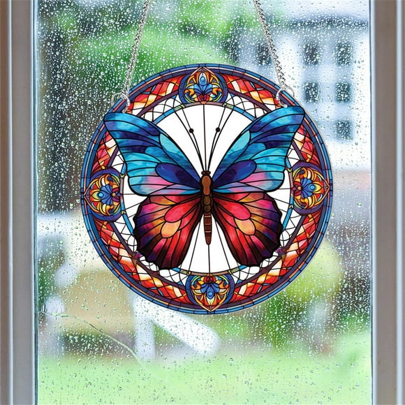 shiyou-11.8 Inches Colourful Butterfly Window Hanging Natural Stained Panel Hanging Decorative Mural Wall Art Decor Bedroom Office Garden Gift for Mather Grandma Teacher